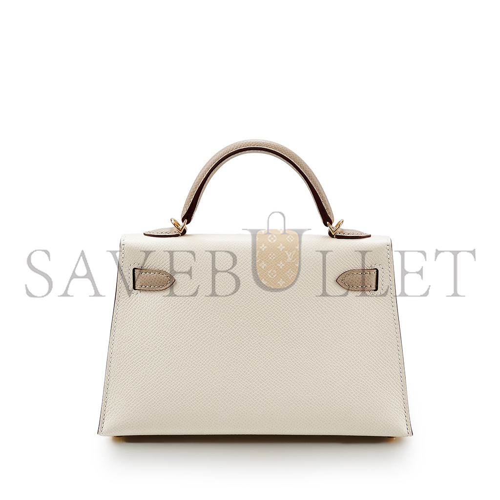 HERMÈS MINI KELLY II EPSOM CREAM WHITE WINDBREAKER GRAY GOLD HARDWARE (19*12*5.5cm)